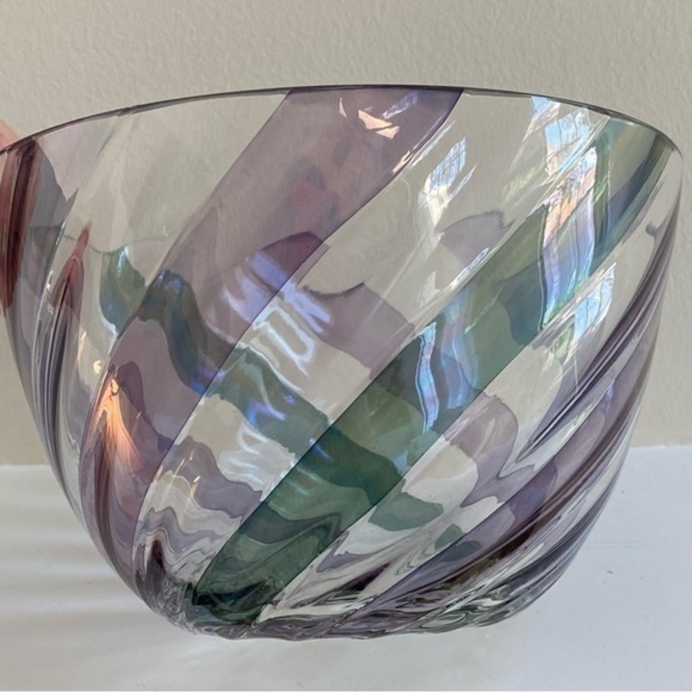 Crate&Barrel Lead Crystal Glass Blue Purple and Green Ribbon Decor Bowl